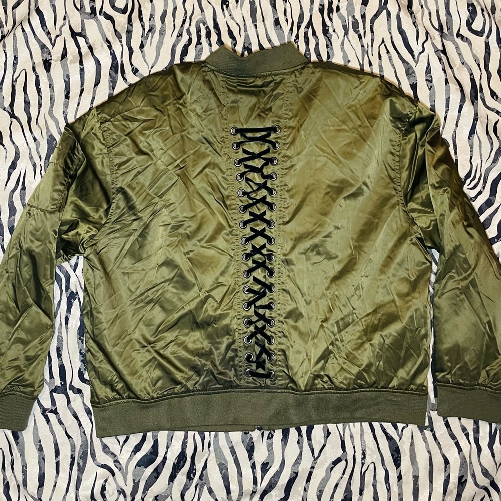 Bagatelle Olive Bomber Jacket with Lace-Up Corset Details - Picture 2 of 7